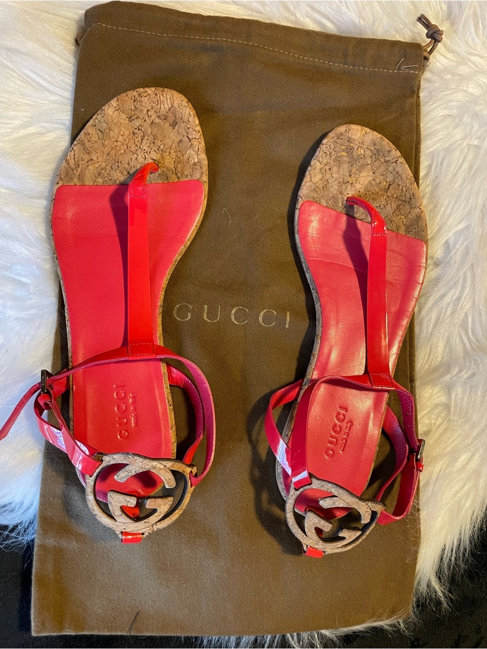 Gucci Red Leather very Cute Cork-Trim Double G Logo Sandals Made in Italy 🇮🇹